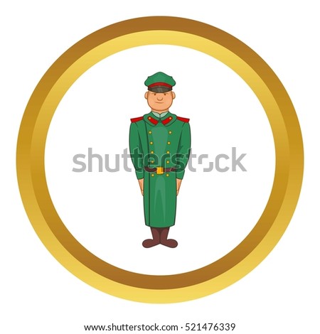 Military officer in greatcoat vector icon in golden circle, cartoon style isolated on white background