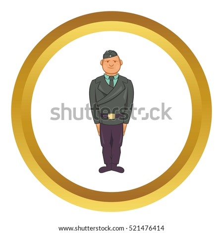 Man in a police uniform vector icon in golden circle, cartoon style isolated on white background