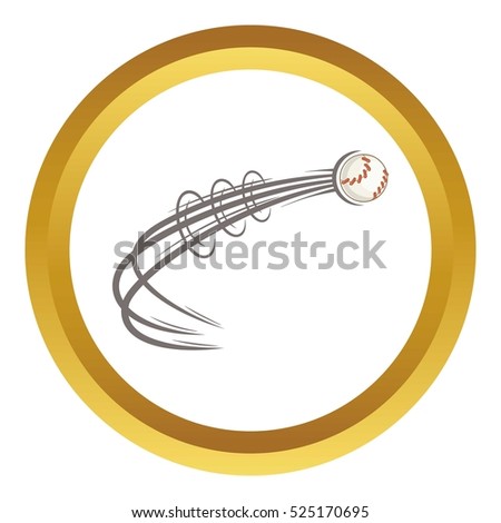 Baseball ball fly vector icon in golden circle, cartoon style isolated on white background