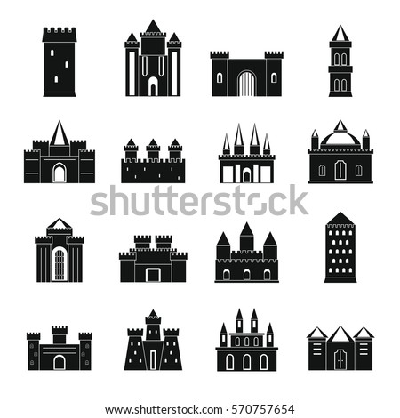 Turrets and castles icons set. Simple illustration of 16 turrets and castles vector icons logo isolated on white background