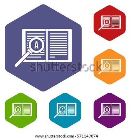 Magnifying glass over open book icons set rhombus in different colors isolated on white background