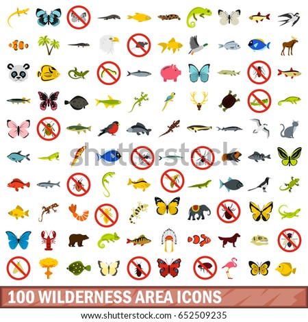 100 wilderness area icons set in flat style for any design vector illustration Stock fotó © 