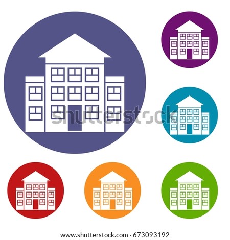 Bank building icons set in flat circle reb, blue and green color for web