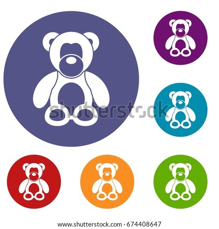 Teddy bear icons set in flat circle reb, blue and green color for web