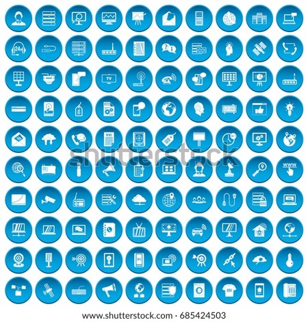 100 telecommunication icons set in blue circle isolated on white vectr illustration