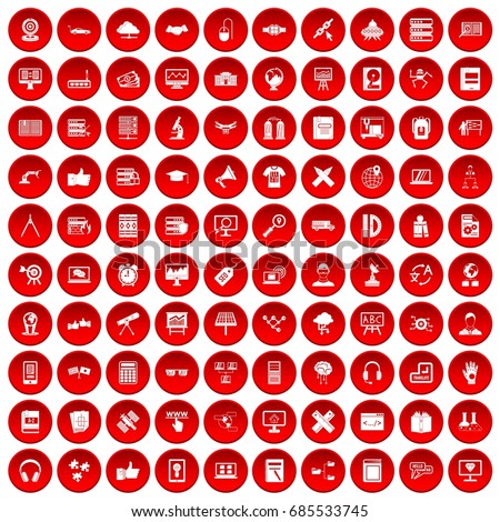 100 education technology icons set in red circle isolated on white vectr illustration