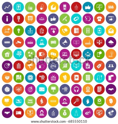 100 data exchange icons set in different colors circle isolated vector illustration