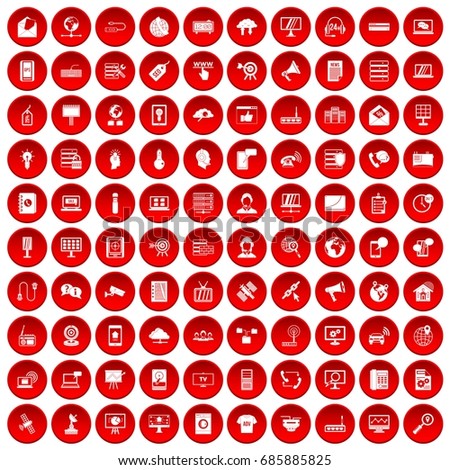 100 telecommunication icons set in red circle isolated on white vectr illustration