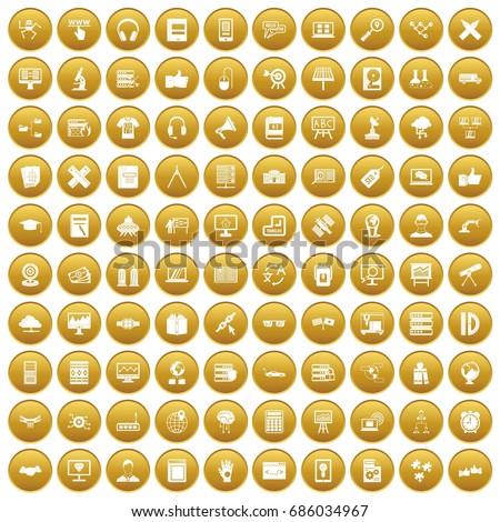 100 education technology icons set in gold circle isolated on white vectr illustration