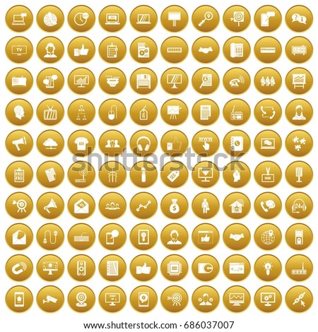 100 data exchange icons set in gold circle isolated on white vectr illustration