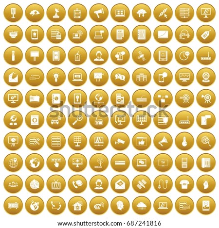 100 telecommunication icons set in gold circle isolated on white vectr illustration