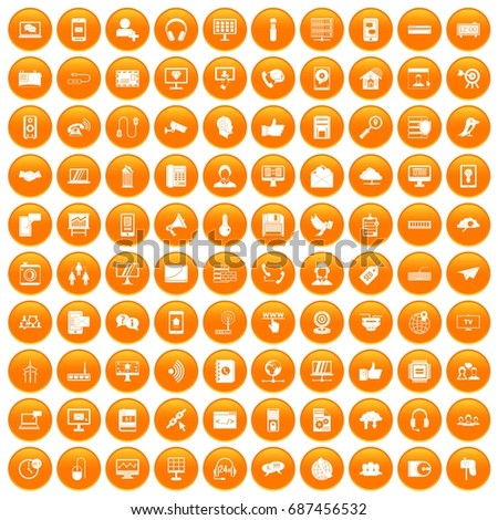 100 communication icons set in orange circle isolated vector illustration