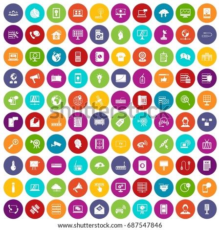 100 telecommunication icons set in different colors circle isolated vector illustration