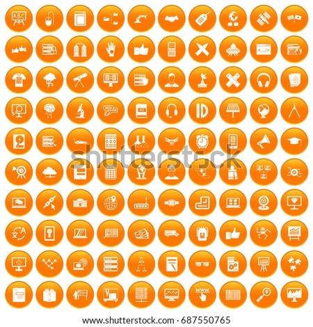 100 education technology icons set in orange circle isolated vector illustration