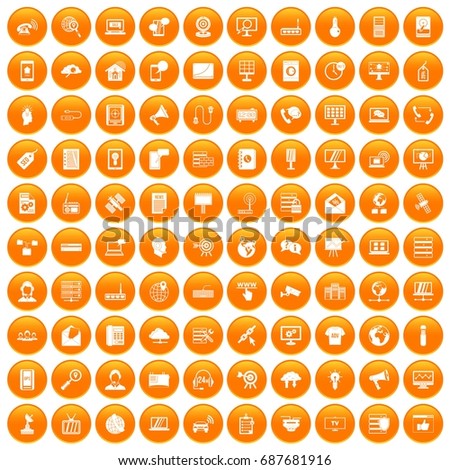 100 telecommunication icons set in orange circle isolated vector illustration