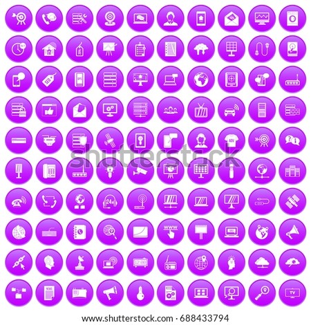 100 telecommunication icons set in purple circle isolated vector illustration
