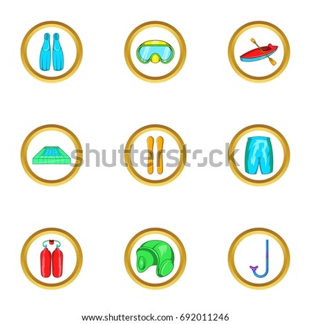 Water sport equipment icon set. Cartoon set of 9 water sport equipment vector icons for web isolated on white background