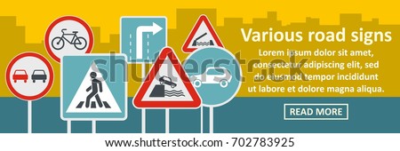 Various road sings banner horizontal concept. Flat illustration of various road sings banner horizontal vector concept for web