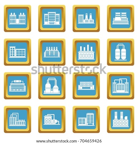 Industrial building factory icons set in blue color isolated vector illustration for web and any design