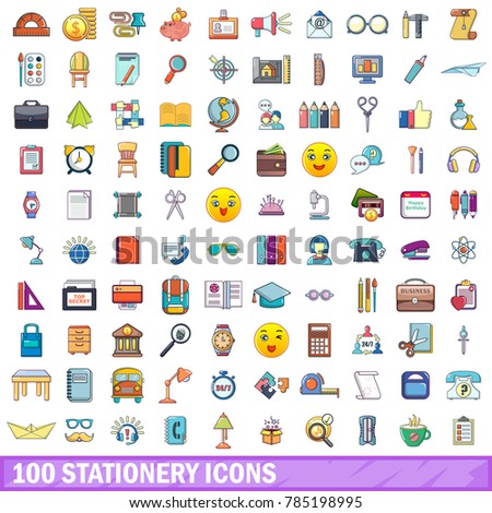 100 stationery icons set. Cartoon illustration of 100 stationery vector icons isolated on white background