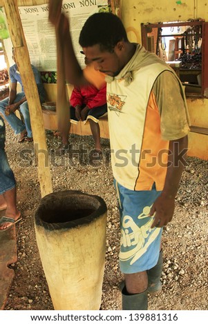 SAMANA, DOMINICAN REPUBLIC-NOVEMBER 28: An unidentified man process cocoa beans on November 28, 2012 in Samana, Dominican Republic. Dominican Republic is the third American cocoa producer and exporter