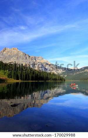 Mountains reflected in Emerald Lake, Yoho National Park, British Columbia, Canada