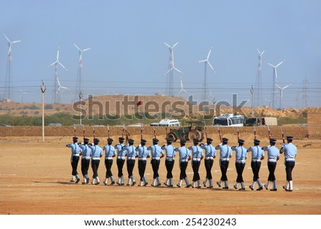 JAISALMER, INDIA-FEBRUARY 17: Unidentified air force soldiers perform for public during Desert Festival on February 17, 2011 in Jaisalmer, India. Purpose of Festival is to display culture of Rajasthan