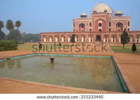 Humayun\'s Tomb with water pool in front of it, Delhi, India. It was the first garden-tomb on the Indian subcontinent.