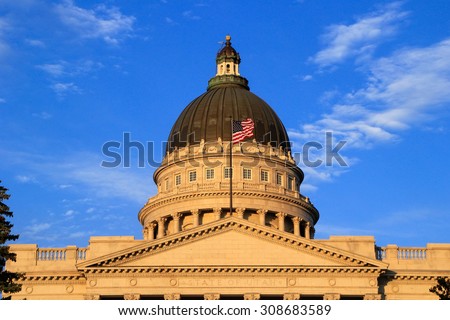 Closeup of Utah State Capitol with warm evening light, Salt Lake City. Salt Lake City is the capital and the most populous city in Utah