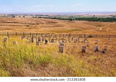 MONTANA, USA - SEPTEMBER 4: 7th Cavalry marker stones at Little Bighorn Battlefield National Monument on September 4, 2015 in Montana, USA. It preserves site of June 25-26, 1876 Little Bighorn Battle.