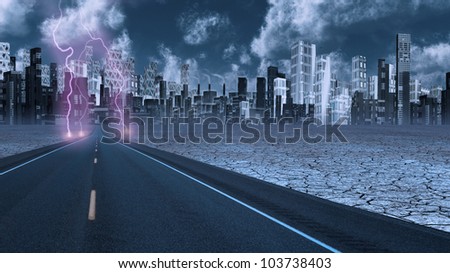 Stormy sky with lightning on desert road leading into city