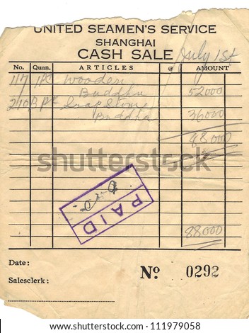 United Seamans Service Shanghai Cash Sale Receipt Circa 1940's