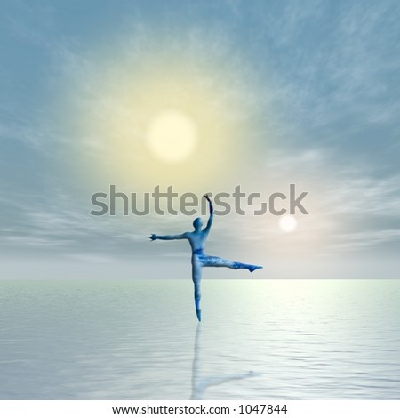 A single figure dances upon a surface of water while 2 suns set or rise in the distance