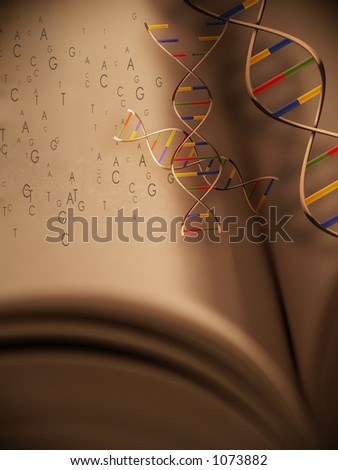 This elegant image represents Genetics: The Book of Life.  DNA strands and genetic code emerge from a book