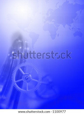 A blue tech background with gears and map of earth