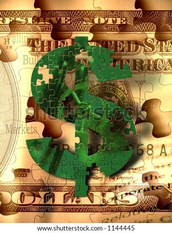 A green puzzle piece $ sign hangs over sepia toned puzzle piece bills with words representative of stock market and other money making endeavors