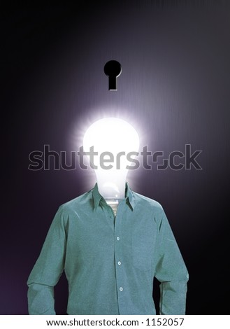 IDEA MAN: A human figure with a glowing bulb for a head stands in front of a dark keyhole