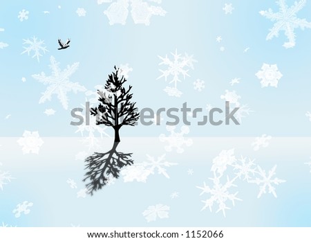 A single dove is flying toward a single tree in a stark landscape