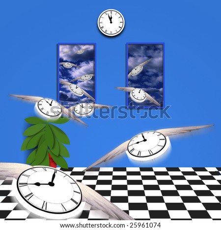 Flying clocks fly out of room into open air