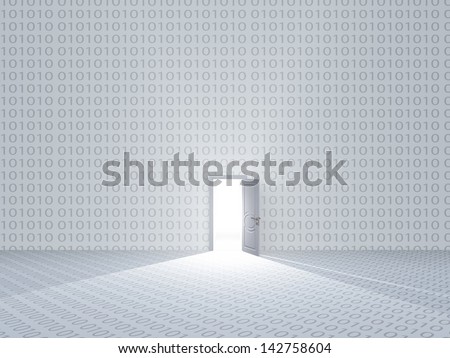 White room with binary code and door with bright light