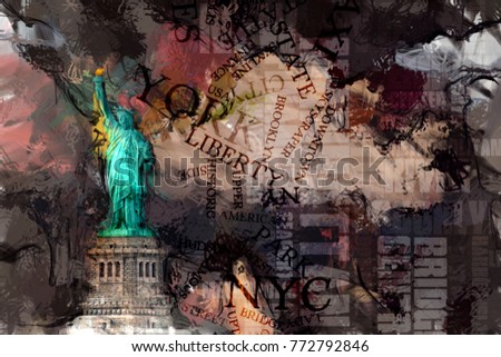 Abstract painting. Liberty statue. 3D rendering