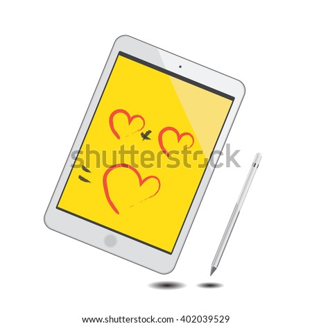 Tablet and pencil Yellow screen Drawing red heart