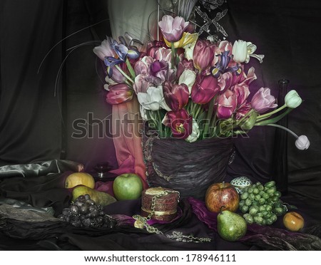 still life with a bouquet and fruits on the table