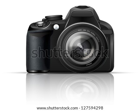SLR camera on a white background with the reflection of the