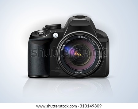 black professional SLR camera on a grey background with the reflection of the