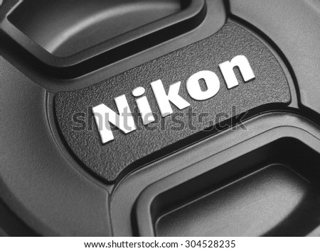 PORT-LOUIS, MAURITIUS - JULY 29, 2015: Nikon brand logo on lens cover (or lens cap). Nikon is a Japanese multinational corporation specialized in optics and imaging products.