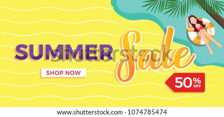 Colorful beach summer sale illustration template with 50 percent off sign, horzontal banner