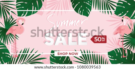 Summer sale banner background template with green leaves, Flamingos and 50 percent off sign