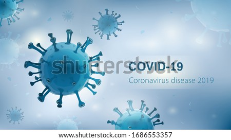 Virus particles on white blue background with COVID-19 Coronavirus disease 2019 text