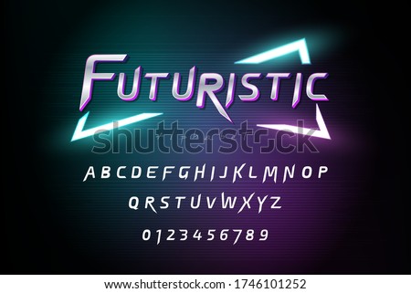 Alphabet font set with numbers on dark futuristic cyberpunk background 商業照片 © 